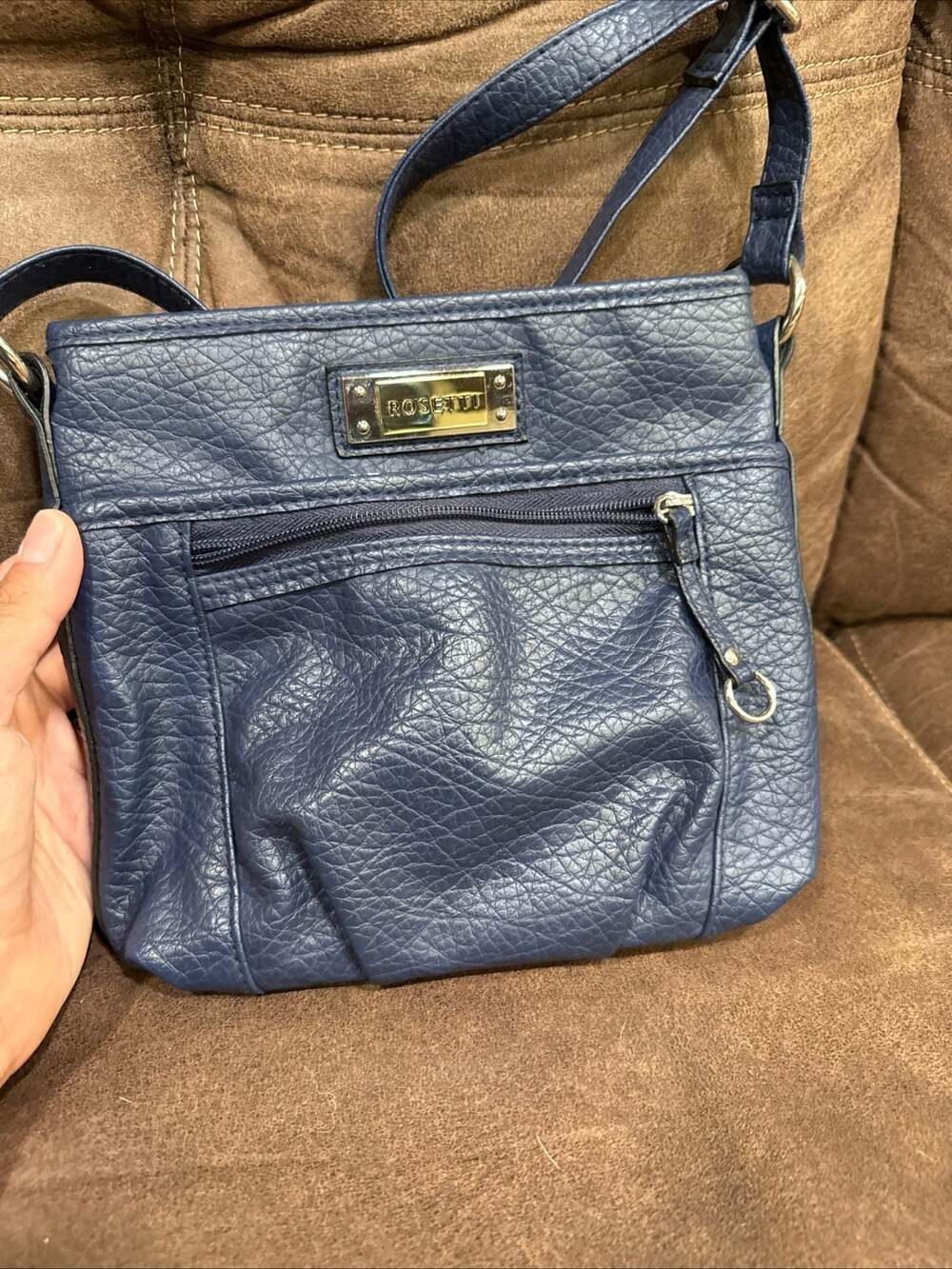 Rosetti Navy Blue Faux Leather Crossbody Shoulder Bag with Front Zipper Pocket